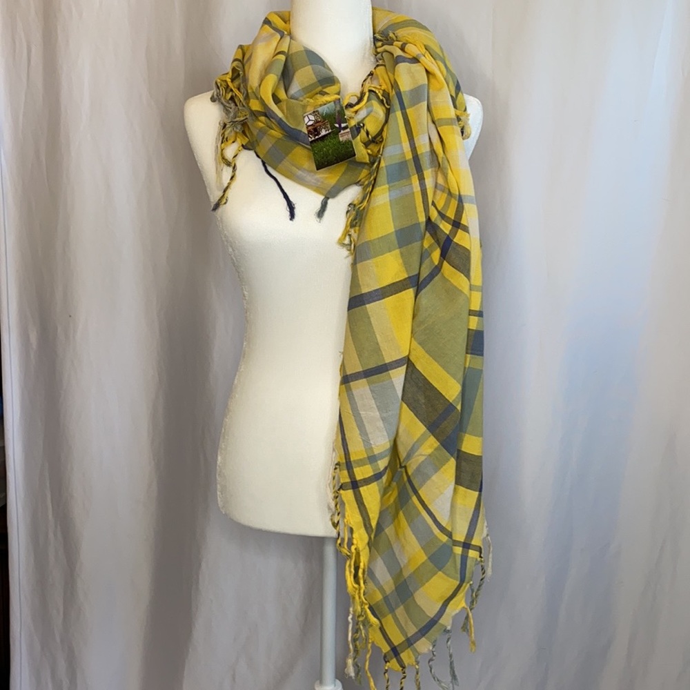 NWT Sunshine Yellow & Blue Plaid Blanket Scarf | 52x52 Cotton Wrap | Coastal